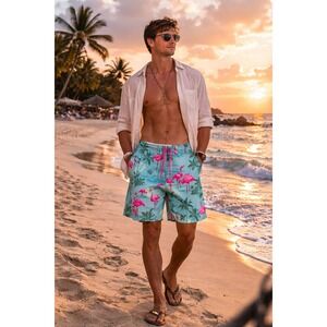 Red Camel Mens Flamingo Palm Tree Print Board Shorts Teal Pink Size 38 Summer